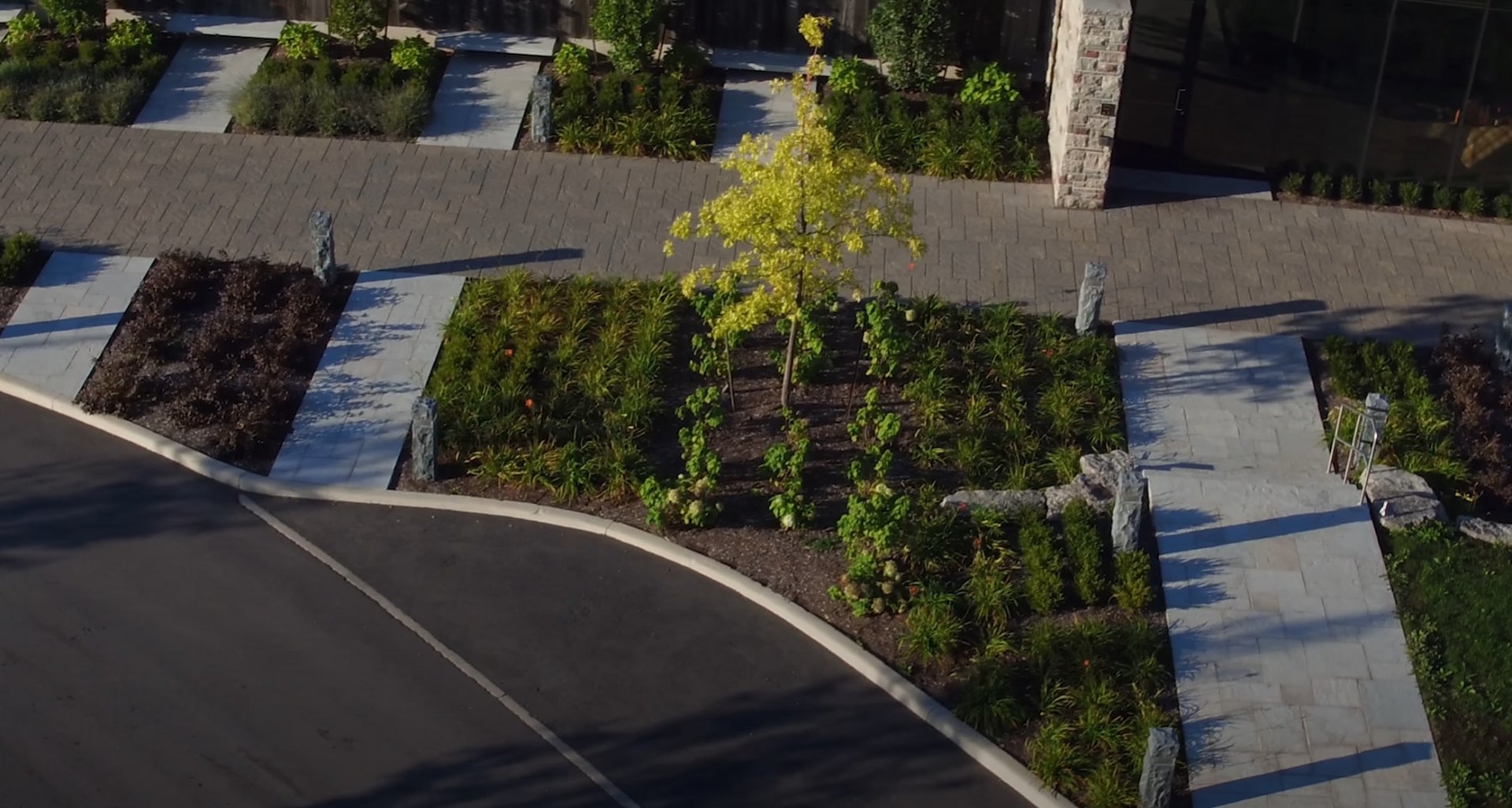 Custom landscape design featuring curved stone pathways and established garden beds Curved residential landscape with stone pathways and mature plantings