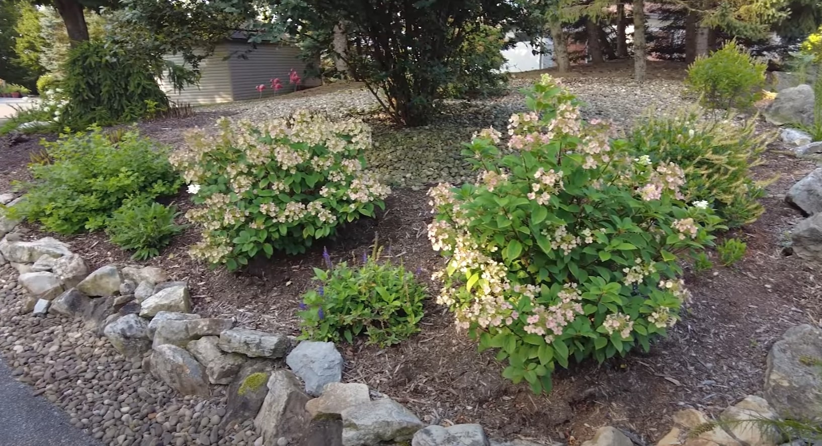 Low-maintenance landscape featuring native plants and natural stone accents Natural landscape design with flowering shrubs and rock garden elements